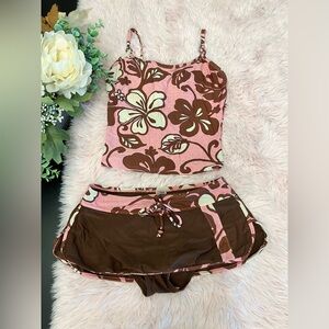 Malibu Dream Girl Junior Y2K Vintage Pink Brown Floral Tankini Skirt Swim Suit S